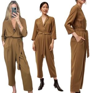 Babaton Aritzia Karl Camel Tan Khaki Belted Collared Crepe Jumpsuit With Pockets
